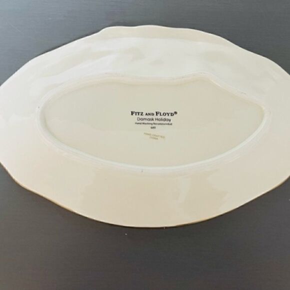 Fitz & Floyd Vintage Damask Sentiment Tray "Holiday Wishes"  9-5/8" Oval Plate - Picture 2 of 4